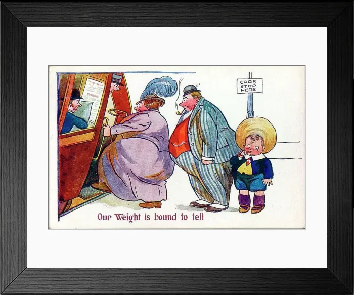 Framed Print : Comic postcard, Overweight family boarding bus - Our weight is bound to tell. Date: early 20th century Framed Print : Comic postcard, Overweight family boarding bus - Our weight is bound to tell. Date: early 20th century