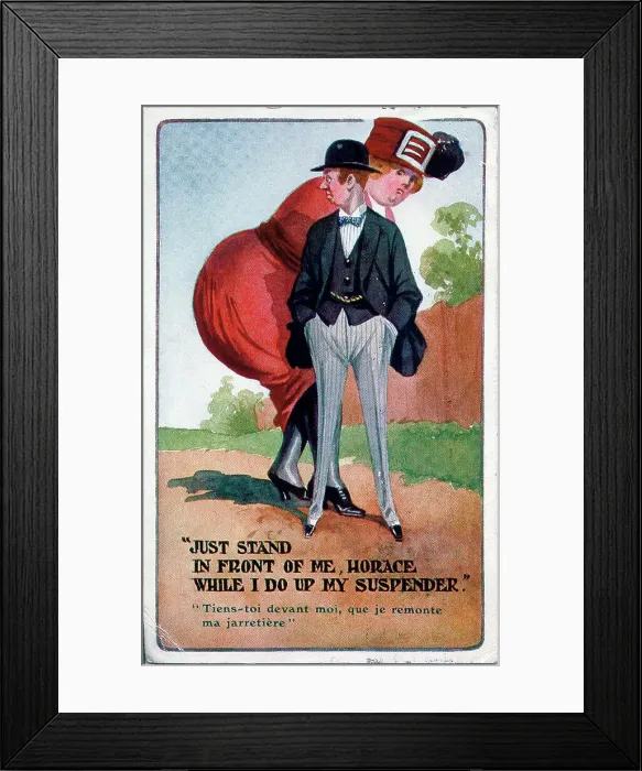 Framed Print : Comic postcard, Fat woman hides behind thin man - Just stand in front of me, Horace, while I do up my suspender. Date: early 20th century Framed Print : Comic postcard, Fat woman hides behind thin man - Just stand in front of me, Horace, while I do up my suspender. Date: early 20th century