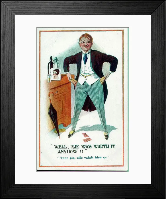 Framed Print : Comic postcard, Man returns home with empty pockets after a date - Well, she was worth it anyhow!! Date: early 20th century Framed Print : Comic postcard, Man returns home with empty pockets after a date - Well, she was worth it anyhow!! Date: early 20th century