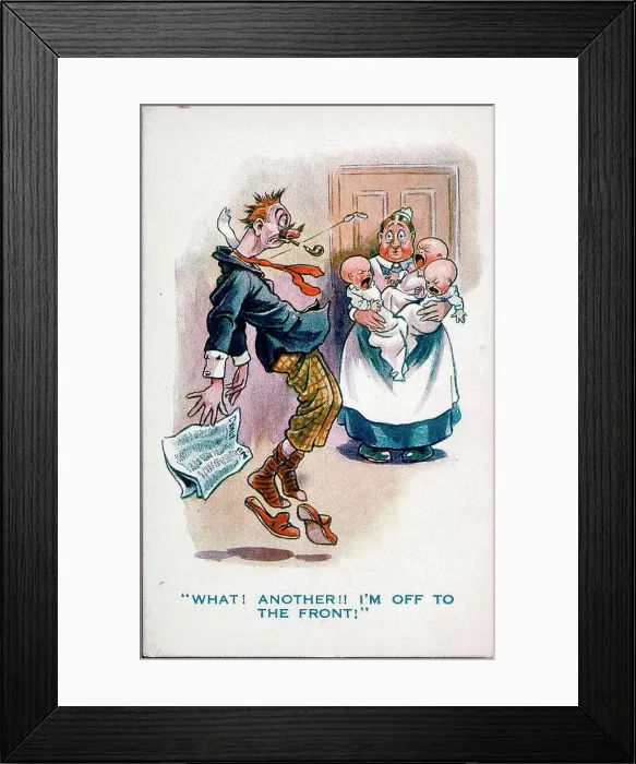 Framed Print : Comic postcard, Man sees nurse with triplets - What! Another!! I'm off to the Front! Date: 1914-1918 Framed Print : Comic postcard, Man sees nurse with triplets - What! Another!! I'm off to the Front! Date: 1914-1918