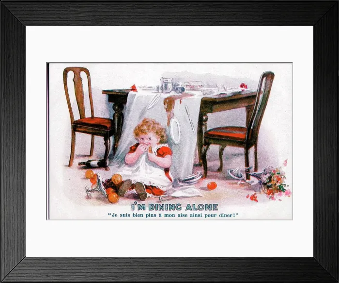 Framed Print : Comic postcard, Little girl eating - I'm dining alone. Date: early 20th century Framed Print : Comic postcard, Little girl eating - I'm dining alone. Date: early 20th century