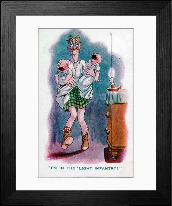 Framed Print : Comic postcard, Scotsman with two crying babies - I'm in the light infantry! Date: 1914-1918 Framed Print : Comic postcard, Scotsman with two crying babies - I'm in the light infantry! Date: 1914-1918