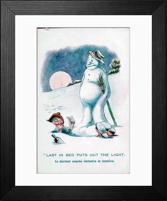 Framed Print : Comic postcard, Drunken Scotsman talks to snowman Date: early 20th century Framed Print : Comic postcard, Drunken Scotsman talks to snowman Date: early 20th century