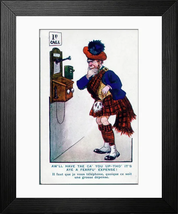 Framed Print : Comic postcard, Scotsman considers making a phone call, despite the terrible expense. Date: early 20th century Framed Print : Comic postcard, Scotsman considers making a phone call, despite the terrible expense. Date: early 20th century