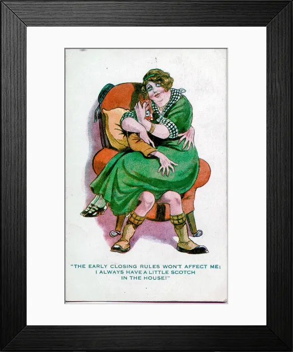 Framed Print : Comic postcard, Woman hugs Scottish soldier, WW1 Framed Print : Comic postcard, Woman hugs Scottish soldier, WW1