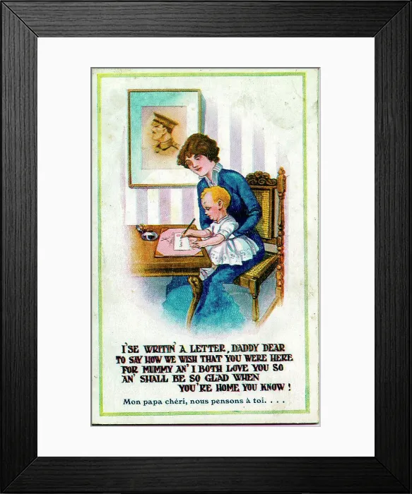 Framed Print : Postcard, Mother and child write to absent father. Date: 1914-1918 Framed Print : Postcard, Mother and child write to absent father. Date: 1914-1918