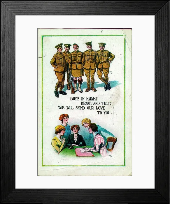 Framed Print : Postcard, Women write to soldiers away at the Front. Date: 1914-1918 Framed Print : Postcard, Women write to soldiers away at the Front. Date: 1914-1918