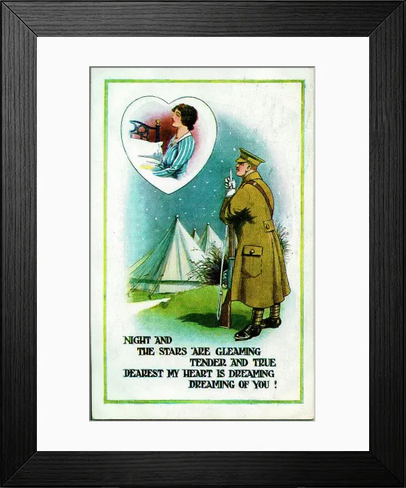 Framed Print : Postcard, Soldier away at the Front dreams of his wife at home. Date: 1914-1918 Framed Print : Postcard, Soldier away at the Front dreams of his wife at home. Date: 1914-1918