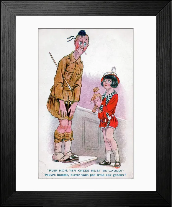 Framed Print : Comic postcard, Girl pities Scottish soldier - Puir mon, yer knees must be cauld! Date: 1914-1918 Framed Print : Comic postcard, Girl pities Scottish soldier - Puir mon, yer knees must be cauld! Date: 1914-1918