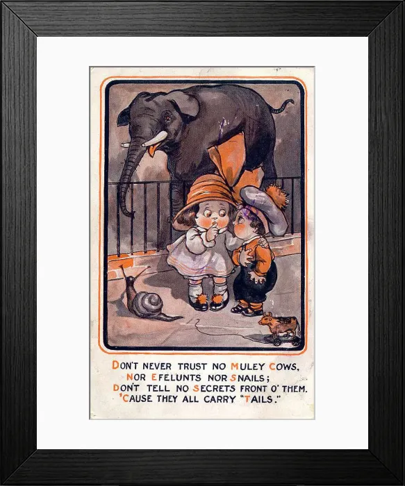 Framed Print : Comic postcard, Little girl and boy at the zoo Date: early 20th century Framed Print : Comic postcard, Little girl and boy at the zoo Date: early 20th century