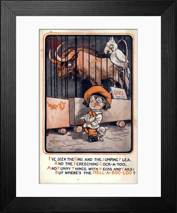 Framed Print : Comic postcard, Little boy at the zoo Date: early 20th century Framed Print : Comic postcard, Little boy at the zoo Date: early 20th century