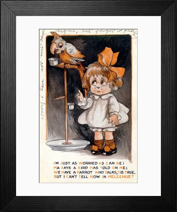 Framed Print : Comic postcard, Little girl with parrot Date: early 20th century Framed Print : Comic postcard, Little girl with parrot Date: early 20th century