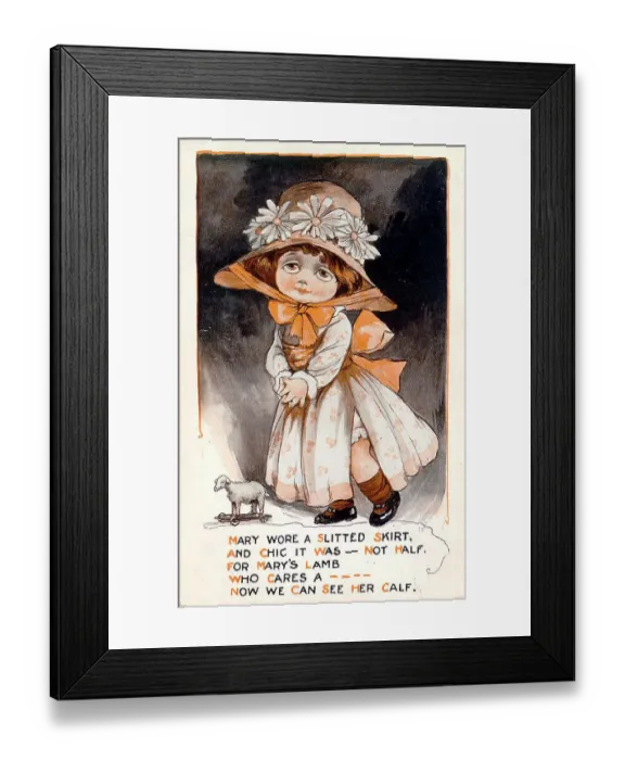 Framed Print : Comic postcard, Little girl with toy lamb on wheels Date: early 20th century Framed Print : Comic postcard, Little girl with toy lamb on wheels Date: early 20th century