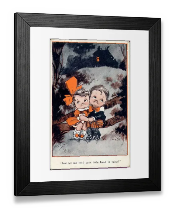 Framed Print : Comic postcard, Little girl and boy holding hands Date: early 20th century Framed Print : Comic postcard, Little girl and boy holding hands Date: early 20th century