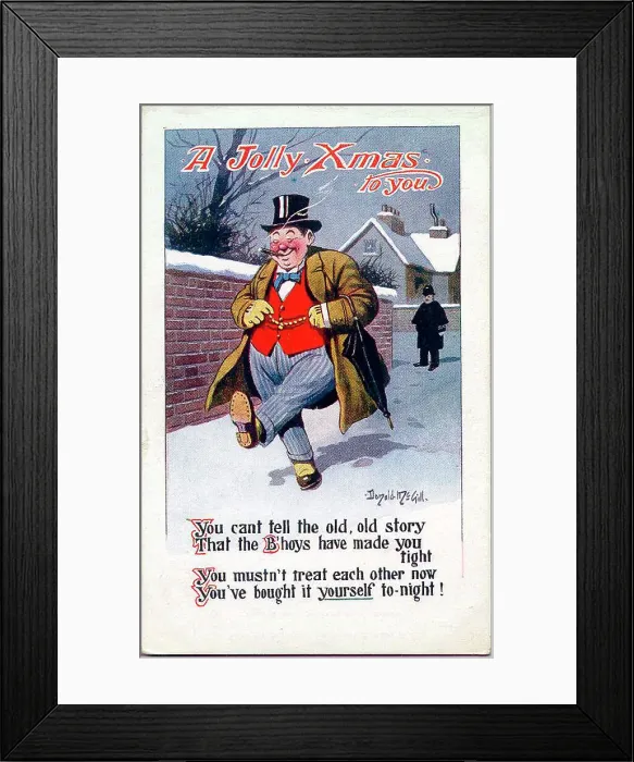 Framed Print : Christmas postcard, Tipsy man walking home, watched by a policeman. Date: 20th century Framed Print : Christmas postcard, Tipsy man walking home, watched by a policeman. Date: 20th century