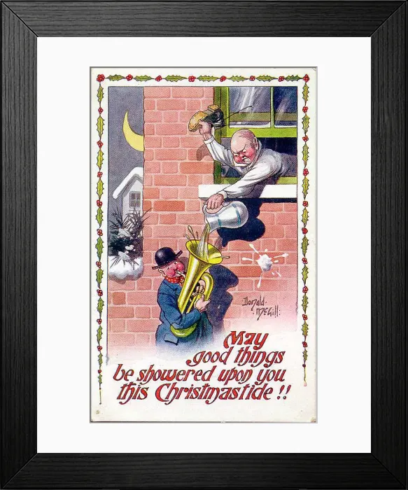 Framed Print : Christmas postcard, Man silences tuba player. Date: 20th century Framed Print : Christmas postcard, Man silences tuba player. Date: 20th century