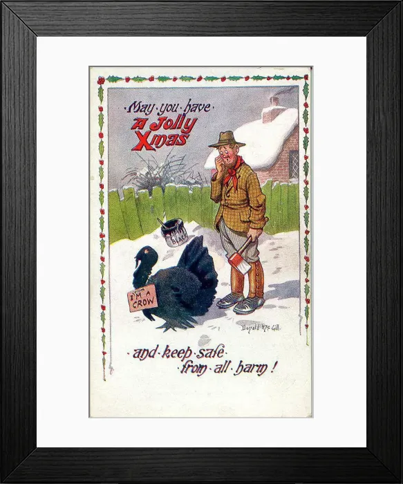 Framed Print : Christmas postcard, Man confused by a turkey who claims to be a crow. Date: 20th century