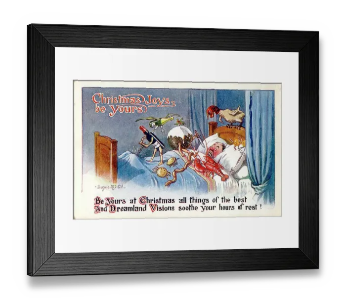 Framed Print : Christmas postcard, Man having a nightmare about food. Date: 20th century Framed Print : Christmas postcard, Man having a nightmare about food. Date: 20th century