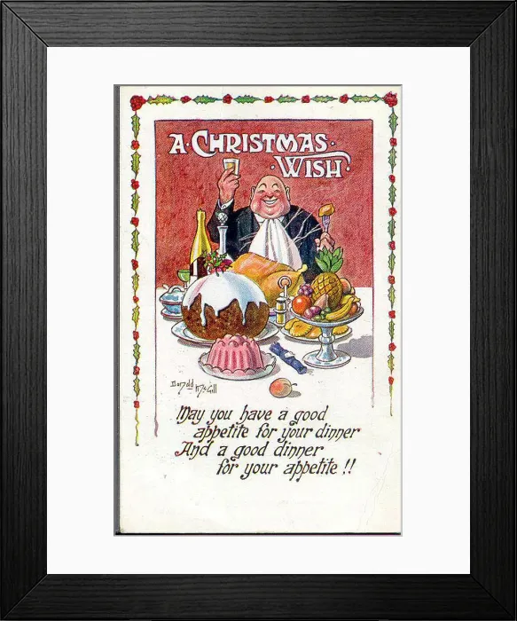 Framed Print : Christmas postcard, Man enjoying a feast Framed Print : Christmas postcard, Man enjoying a feast