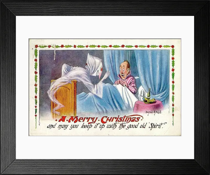 Framed Print : Christmas postcard, Man in bed sees a ghost (or spirit). Date: 20th century Framed Print : Christmas postcard, Man in bed sees a ghost (or spirit). Date: 20th century