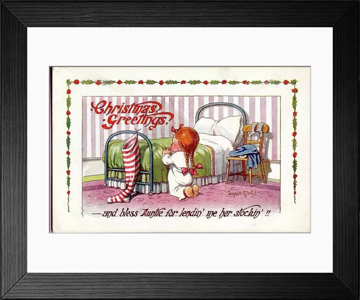 Framed Print : Christmas postcard, Little girl says her prayers before bed. Date: 20th century Framed Print : Christmas postcard, Little girl says her prayers before bed. Date: 20th century