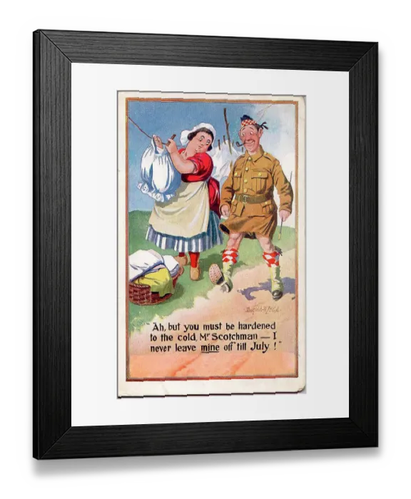 Framed Print : Comic postcard, Scotsman and woman hanging out the washing Date: early 20th century Framed Print : Comic postcard, Scotsman and woman hanging out the washing Date: early 20th century