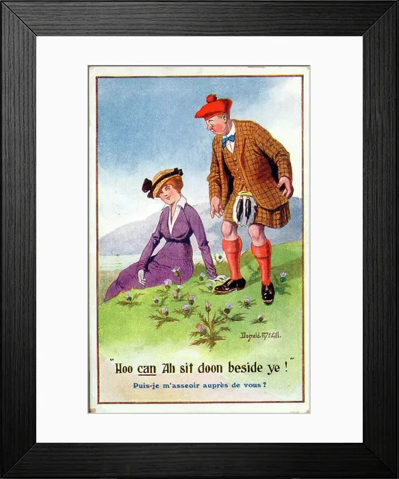 Framed Print : Comic postcard, Scotsman and woman on grass with thistles Date: early 20th century Framed Print : Comic postcard, Scotsman and woman on grass with thistles Date: early 20th century