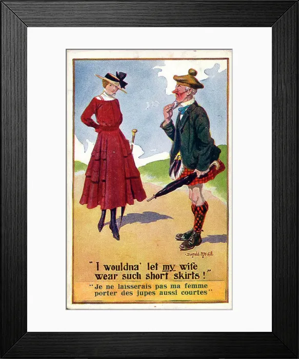 Framed Print : Comic postcard, Scotsman and young woman Date: early 20th century Framed Print : Comic postcard, Scotsman and young woman Date: early 20th century