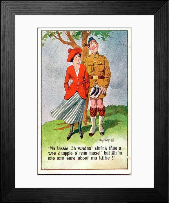Framed Print : Comic postcard, Scotsman and young woman in the rain Date: early 20th century Framed Print : Comic postcard, Scotsman and young woman in the rain Date: early 20th century