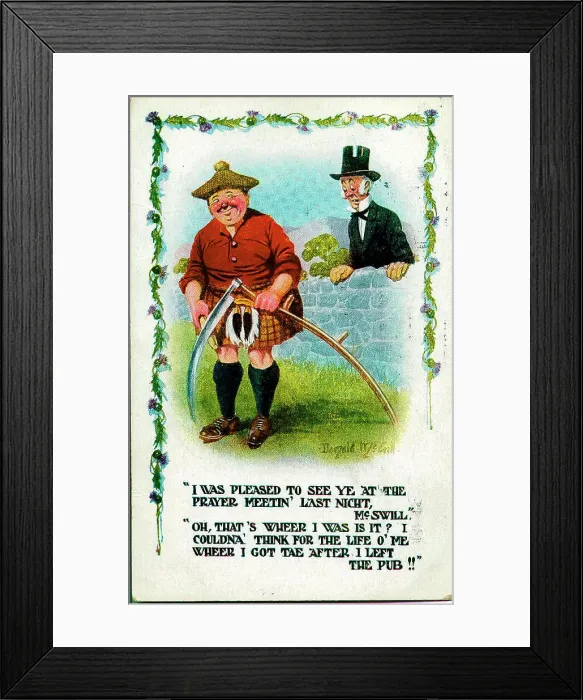 Framed Print : Comic postcard, Religious gentleman and Scotsman Date: early 20th century Framed Print : Comic postcard, Religious gentleman and Scotsman Date: early 20th century