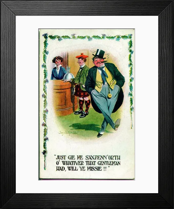Framed Print : Comic postcard, Scotsman orders drink in pub Date: early 20th century Framed Print : Comic postcard, Scotsman orders drink in pub Date: early 20th century