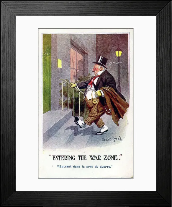 Framed Print : Comic postcard, Tipsy man arriving home - Entering the war zone. Date: early 20th century Framed Print : Comic postcard, Tipsy man arriving home - Entering the war zone. Date: early 20th century