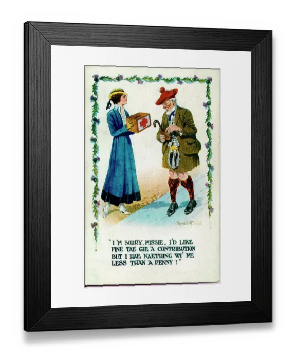 Framed Print : Comic postcard, Scotsman avoids charity box Date: early 20th century Framed Print : Comic postcard, Scotsman avoids charity box Date: early 20th century