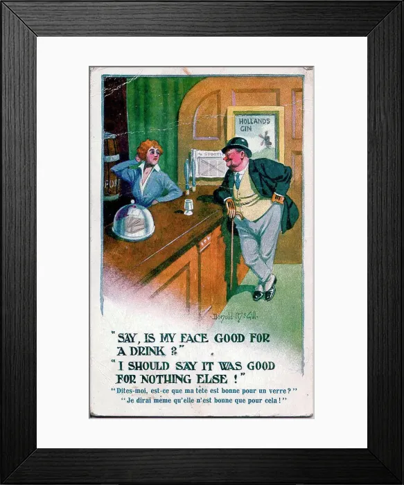 Framed Print : Comic postcard, Man orders drink in pub Date: early 20th century Framed Print : Comic postcard, Man orders drink in pub Date: early 20th century