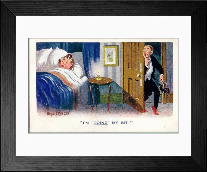Framed Print : Comic postcard, Man arrives home very late - I'm doing my bit! Date: 1914-1918 Framed Print : Comic postcard, Man arrives home very late - I'm doing my bit! Date: 1914-1918
