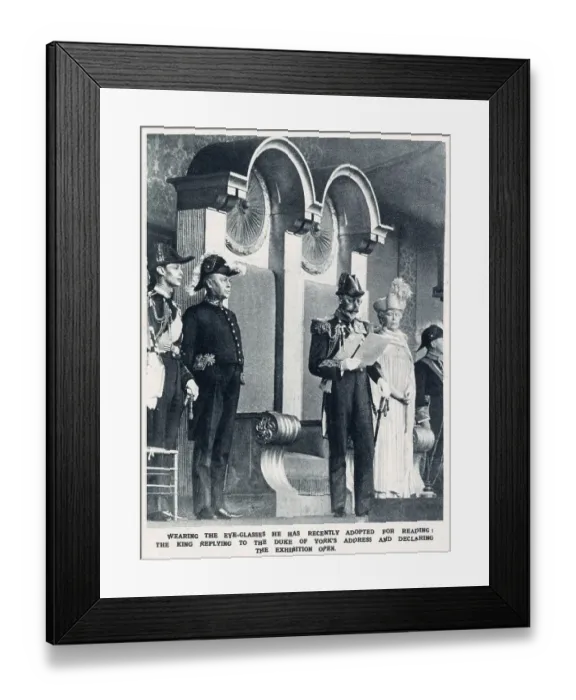 Framed Print : King George V, wearing the eye-glasses he had recently adopted for reading, replying to the Duke of York's address, and declaring the British Empire Exhibition at Wembley open. Date: 1925 Framed Print : King George V, wearing the eye-glasses he had recently adopted for reading, replying to the Duke of York's address, and declaring the British Empire Exhibition at Wembley open. Date: 1925