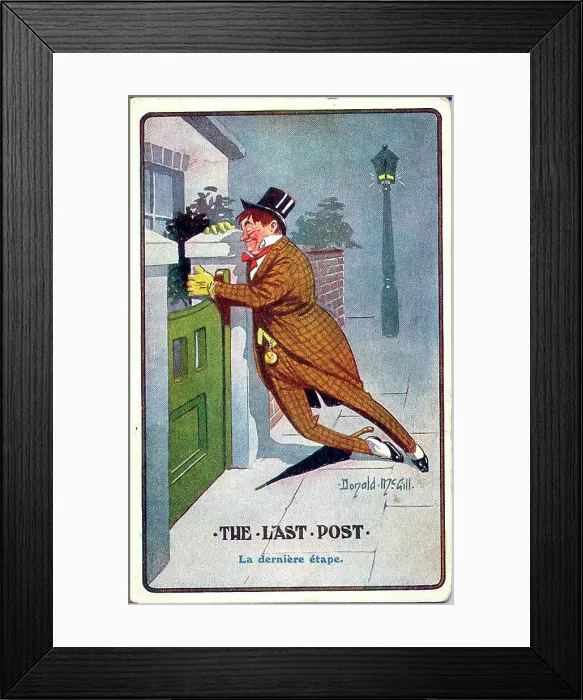 Framed Print : Comic postcard, Drunken man arriving home - The last post. Date: early 20th century Framed Print : Comic postcard, Drunken man arriving home - The last post. Date: early 20th century