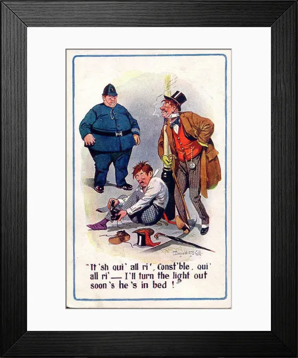Framed Print : Comic postcard, Policeman and two drunks in the street Date: early 20th century Framed Print : Comic postcard, Policeman and two drunks in the street Date: early 20th century