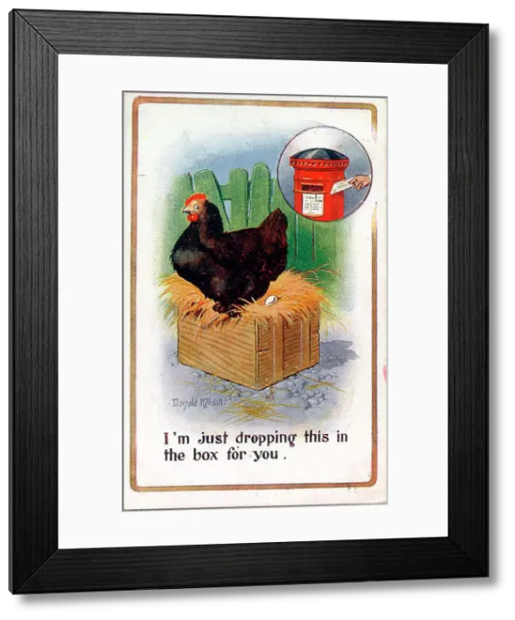 Framed Print : Comic postcard, hen laying an egg, with pillar box inset Date: early 20th century Framed Print : Comic postcard, hen laying an egg, with pillar box inset Date: early 20th century