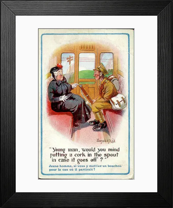 Framed Print : Comic postcard, Soldier and elderly woman in train compartment. Date: 1914-1918 Framed Print : Comic postcard, Soldier and elderly woman in train compartment. Date: 1914-1918