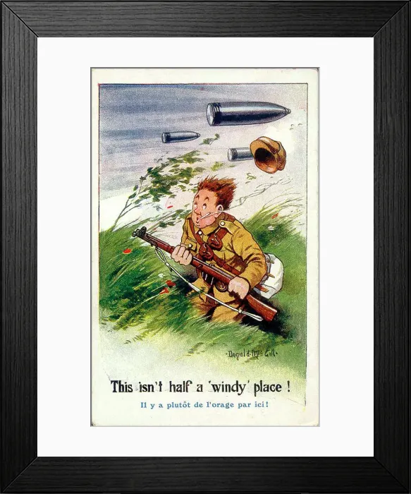 Framed Print : Comic postcard, British soldier on Western Front, with shells flying overhead. Date: 1914-1918 Framed Print : Comic postcard, British soldier on Western Front, with shells flying overhead. Date: 1914-1918