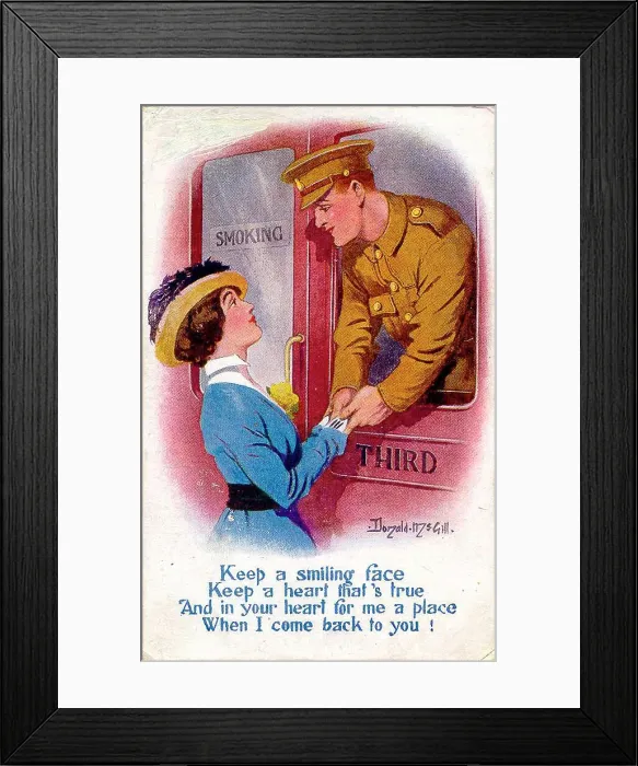Framed Print : Postcard, British soldier and girlfriend say goodbye. Date: 1914-1918 Framed Print : Postcard, British soldier and girlfriend say goodbye. Date: 1914-1918