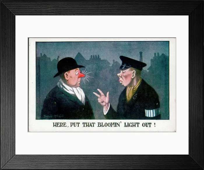 Framed Print : Comic postcard, man with red nose in blackout. Date: 1940s Framed Print : Comic postcard, man with red nose in blackout. Date: 1940s