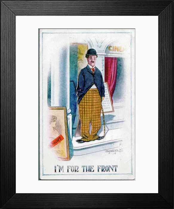Framed Print : Comic postcard, Charlie Chaplin figure outside cinema, wartime recruitment - I'm for the Front. Date: 1914-1918 Framed Print : Comic postcard, Charlie Chaplin figure outside cinema, wartime recruitment - I'm for the Front. Date: 1914-1918