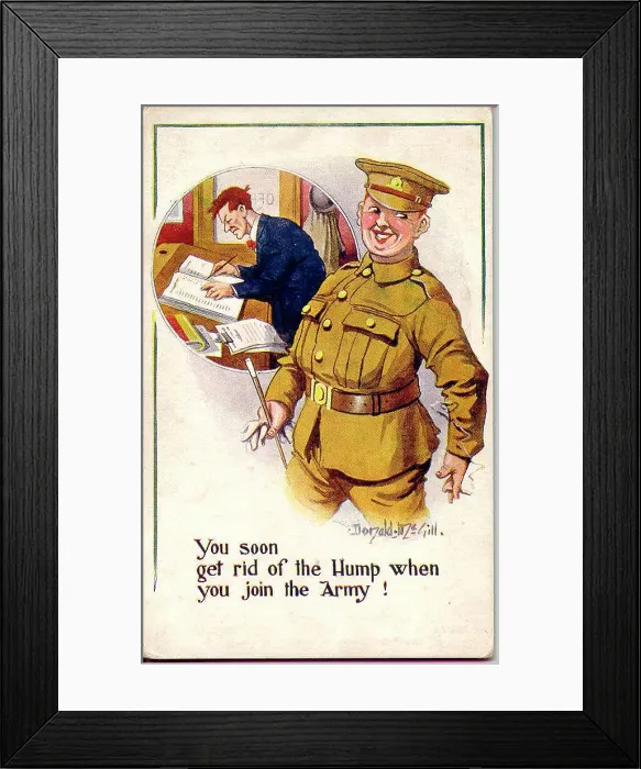 Framed Print : Comic postcard, wartime recruitment, from hunched office worker to proud soldier. Date: 1940s Framed Print : Comic postcard, wartime recruitment, from hunched office worker to proud soldier. Date: 1940s