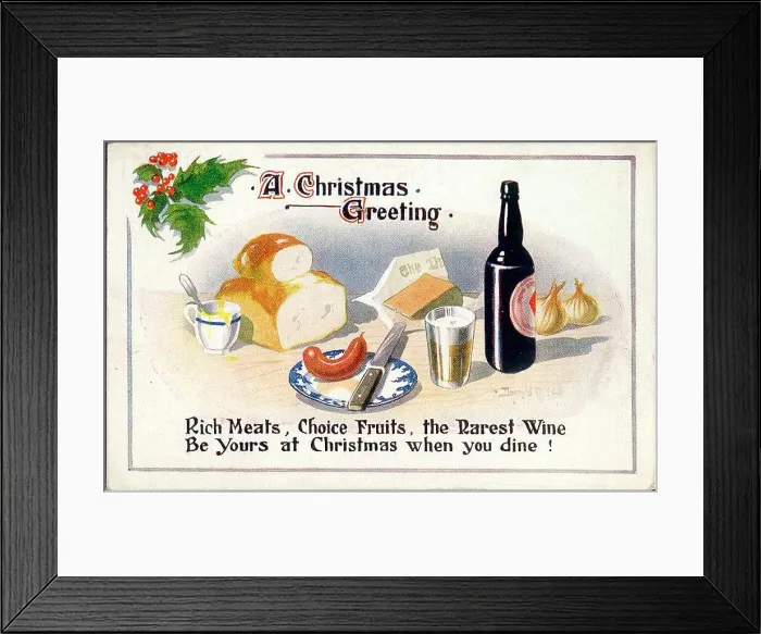 Framed Print : Christmas postcard, basic food and drink Date: early 20th century Framed Print : Christmas postcard, basic food and drink Date: early 20th century