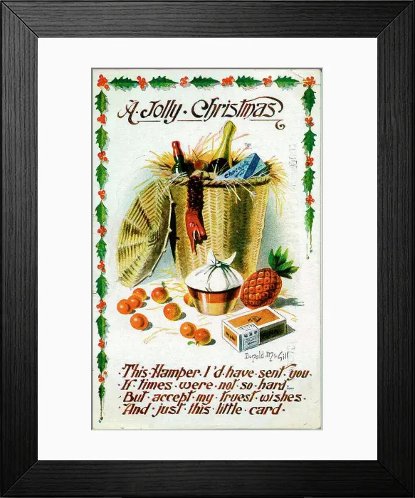 Framed Print : Christmas postcard, hamper of food and drink Date: early 20th century Framed Print : Christmas postcard, hamper of food and drink Date: early 20th century