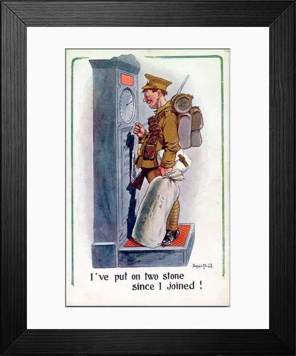 Framed Print : Comic postcard, Soldier in the British Army, weighing himself. Date: 1914-1918 Framed Print : Comic postcard, Soldier in the British Army, weighing himself. Date: 1914-1918