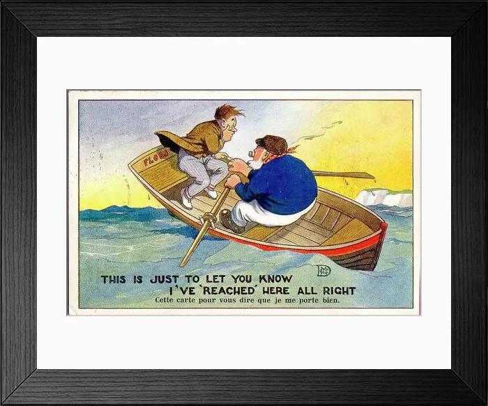 Framed Print : Comic postcard, Sea sickness in a rowing boat Date: early 20th century Framed Print : Comic postcard, Sea sickness in a rowing boat Date: early 20th century