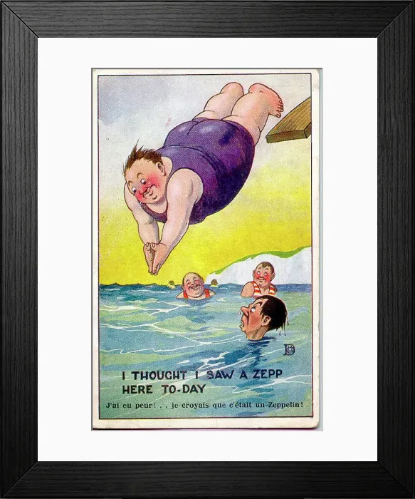 Framed Print : Comic postcard, Large man diving into the sea - I thought I saw a Zepp here today. Date: 1914-1918 Framed Print : Comic postcard, Large man diving into the sea - I thought I saw a Zepp here today. Date: 1914-1918